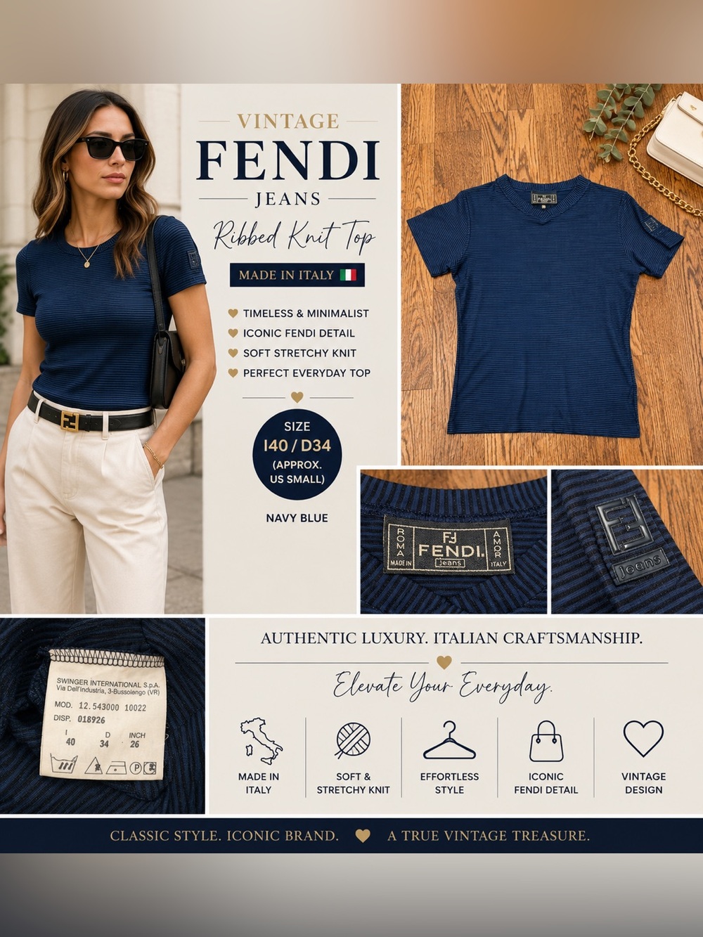 Vintage Fendi Jeans Ribbed Knit Top Navy Blue Made in Italy Size I40/D34 Small